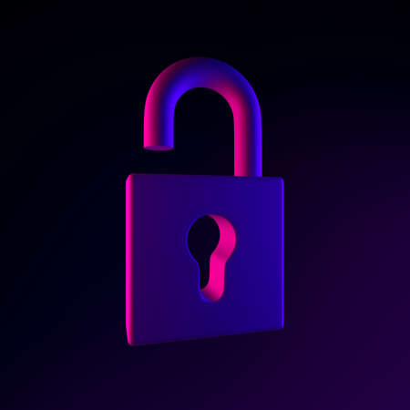 Neon open padlock icon. 3d rendering ui ux interface element. Dark glowing symbolの写真素材