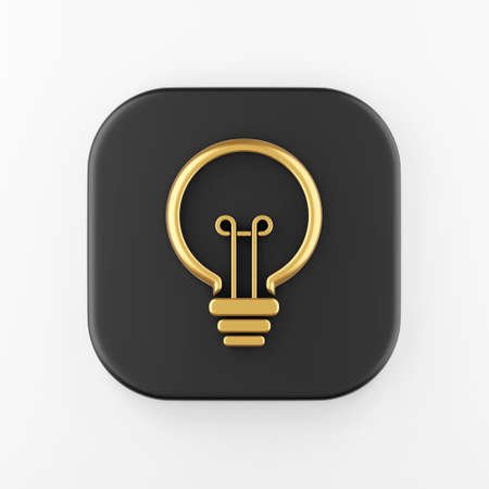 Gold light bulb contour line icon. 3d rendering black square key button, interface ui ux elementの写真素材