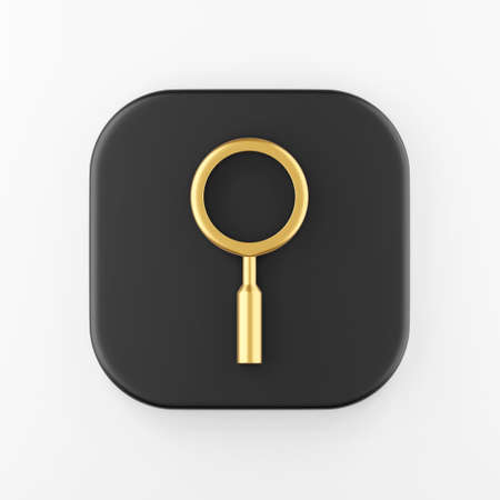 Minimalistic golden magnifier icon. 3d rendering black square key button, interface ui ux elementの写真素材