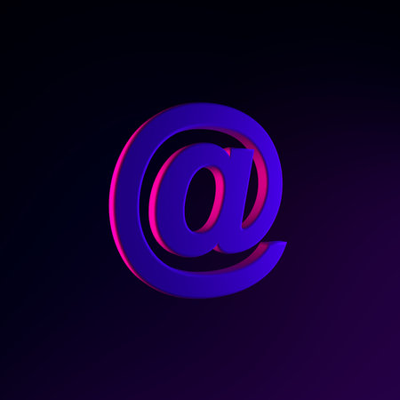 Neon email icon, at sign. 3d rendering ui ux interface element. Dark glowing symbol.