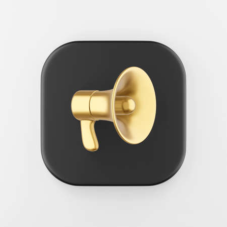 Golden megaphone icon in cartoon style. 3d rendering black square key button, interface ui ux elementの写真素材