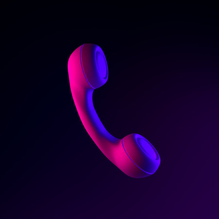 Vintage telephone handset neon icon. 3d rendering ui ux interface element. Dark glowing symbolの写真素材