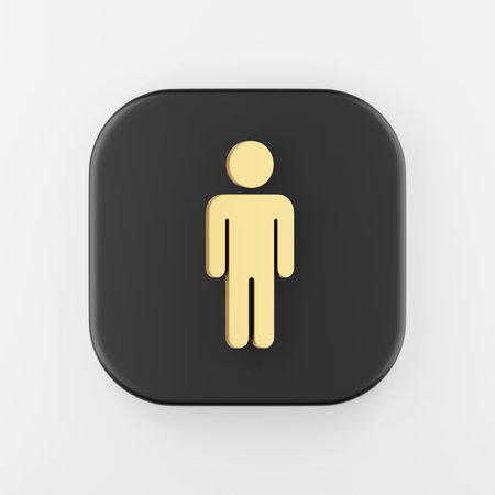 Minimalistic flat outline golden man icon. 3d rendering black square key button, interface ui ux elementの写真素材