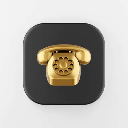 Golden vintage telephone icon. 3d rendering black squre key button, interface ui ux element.の写真素材