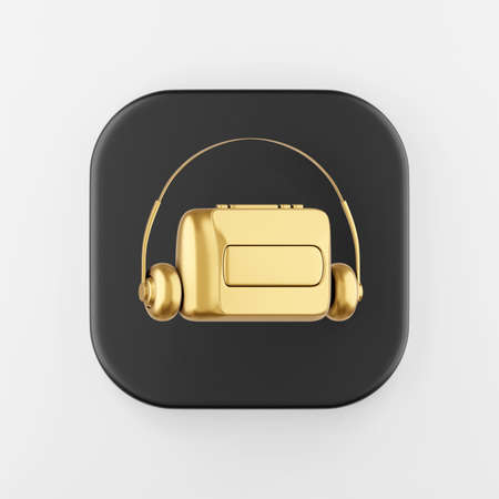 Golden vintage audio cassette player icon. 3d rendering black square button key, interface ui ux element.の写真素材