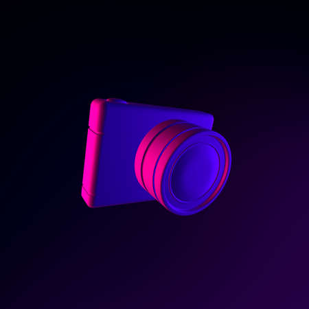 Neon digital photo camera icon. 3d rendering ui ux interface element. Dark glowing symbol.の写真素材