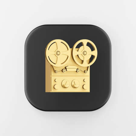 Gold reel tape recorder icon. 3d rendering black square button key, interface ui ux element.の写真素材