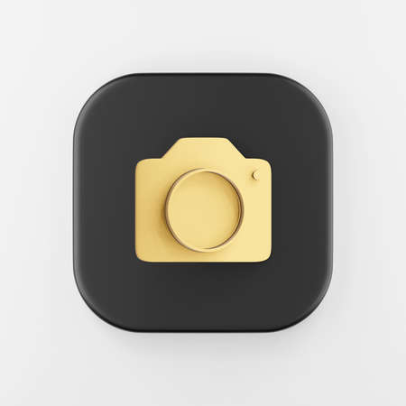 Gold photo camera icon in flat style. 3d rendering black square button key, interface ui ux element.の写真素材