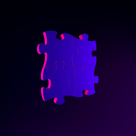 Neon fastened puzzles icon. 3d rendering ui ux interface element. Dark glowing symbol.