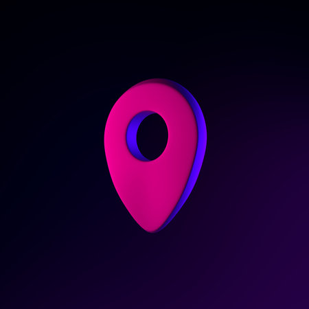 Location neon symbol icon. 3d rendering ui ux interface element. Dark glowing symbol.