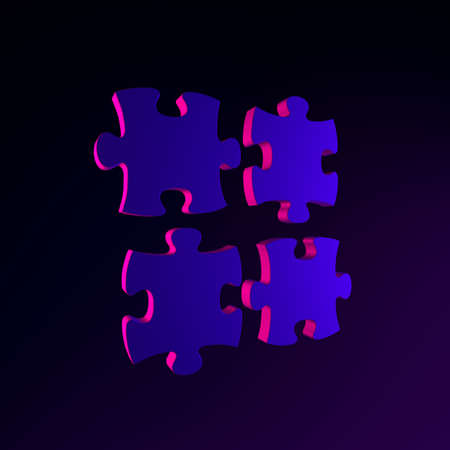 Neon puzzles icon. 3d rendering ui ux interface element. Dark glowing symbol.の写真素材