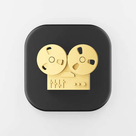 Golden bobbin tape recorder icon. 3d rendering black square button key, interface ui ux element.の写真素材