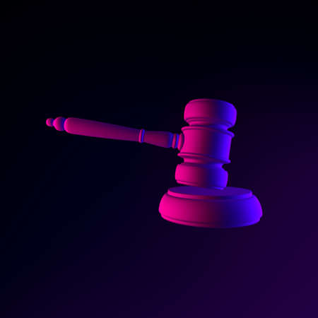 Neon gavel judge icon. 3d rendering ui ux interface element. Dark glowing symbolの写真素材