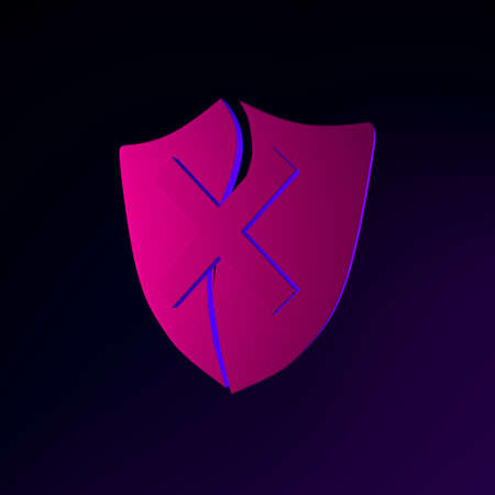 Neon broken shield icon. 3d rendering ui ux interface element. Dark glowing symbolの写真素材