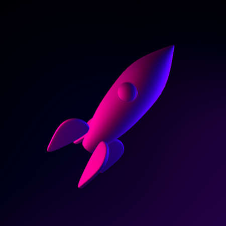 Neon rocket icon. 3d rendering ui ux interface element. Dark glowing symbolの写真素材