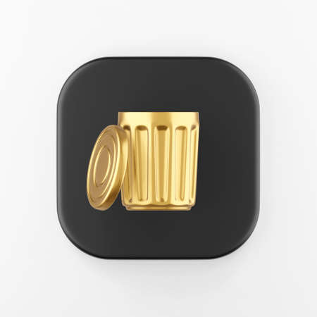 Gold trash can icon with lid. 3d rendering black square key button, interface ui ux element.の写真素材
