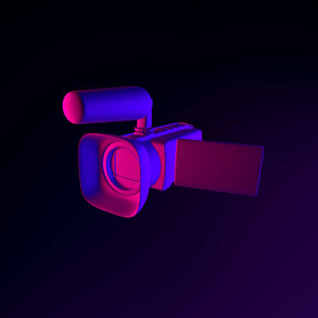 Neon digital video camera icon. 3d rendering ui ux interface element. Dark glowing symbolの写真素材