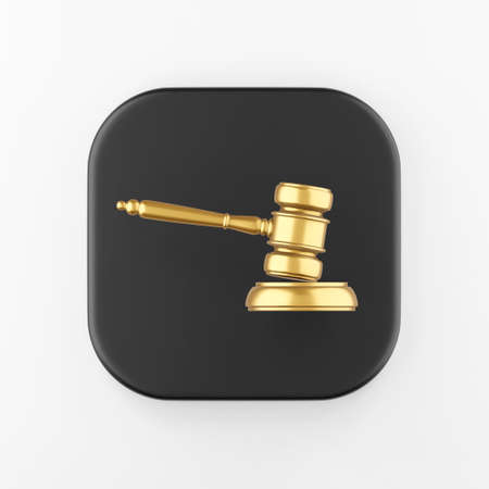 Gold gavel judge icon. 3d rendering black square key button, interface ui ux elementの写真素材