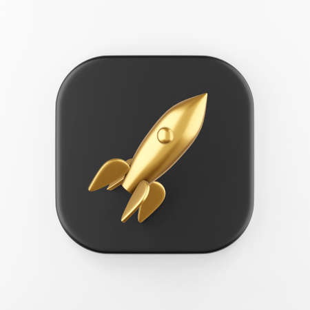 Golden rocket icon. 3d rendering black square key button, interface ui ux elementの写真素材