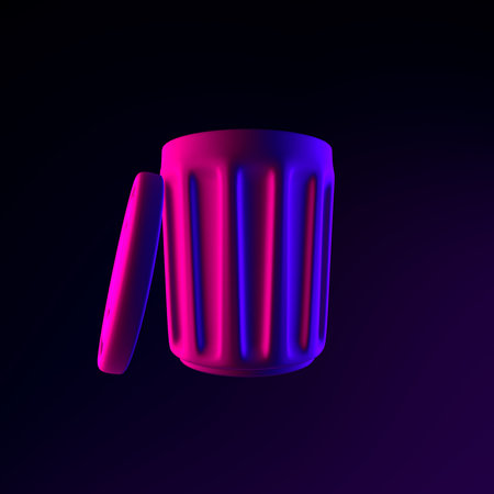 Neon trash can icon with lid. 3d rendering ui ux interface element. Dark glowing symbol