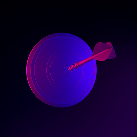 Neon dart target icon. 3d rendering ui ux interface element. Dark glowing symbol