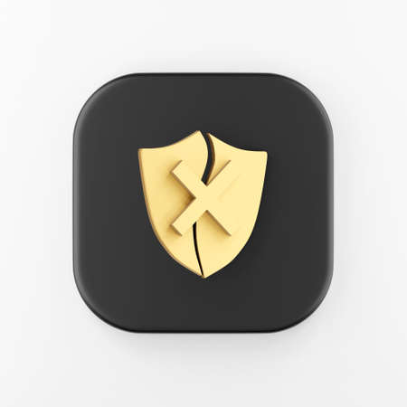 Golden broken shield icon. 3d rendering black square key button, interface ui ux elementの写真素材