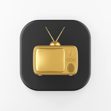 Golden vintage TV icon. 3d rendering black square key button, interface ui ux elementの写真素材