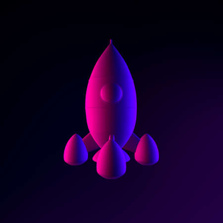 Neon space rocket icon. 3d rendering ui ux interface element. Dark glowing symbolの写真素材