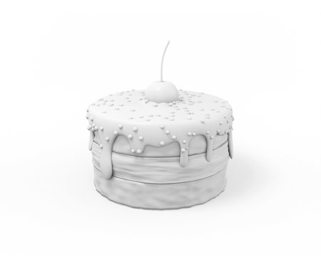 White small cake with a cherry on top on a white background. Minimalistic design object. 3d renderingの写真素材