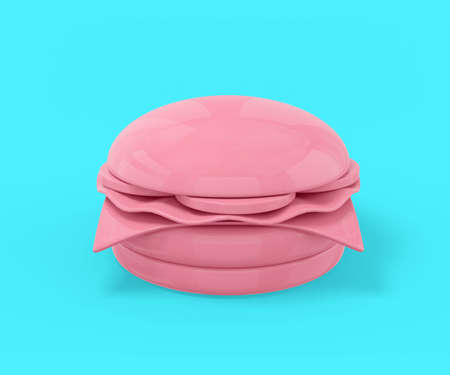 Pink cheeseburger on a blue background. Minimalistic design object. 3d renderingの写真素材