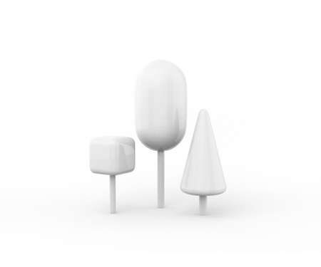 White trees of different geometric shapes cube, oval, cone on a white background. Minimalistic design object. 3d renderingの写真素材