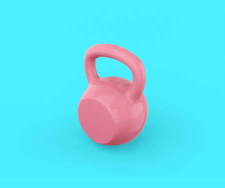 Pink kettlebell on a blue background. Minimalistic design object. 3d renderingの写真素材