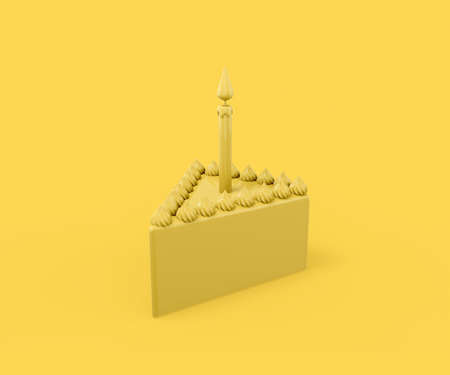 Yellow triangular piece of cake with a festive candle on a yellow background. Minimalistic design object. 3d renderingの写真素材