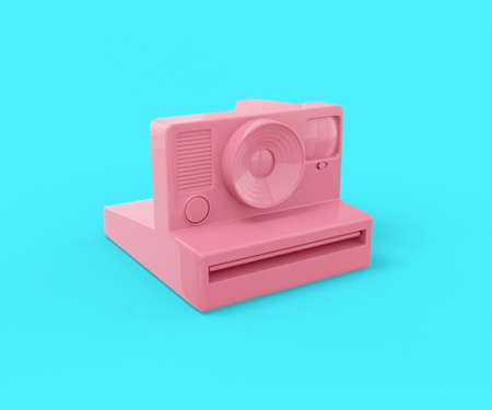 Pink vintage camera for instant photos on a blue background. Minimalistic design object. 3d rendering icon ui ux interface element.の写真素材
