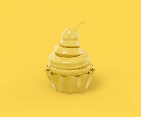 Yellow cake with cream and cherry on top on a yellow background. Minimalistic design object. 3d rendering icon ui ux interface element.の写真素材
