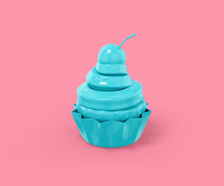 Blue cake with cream and cherry on top on a pink background. Minimalistic design object. 3d rendering icon ui ux interface element.の写真素材