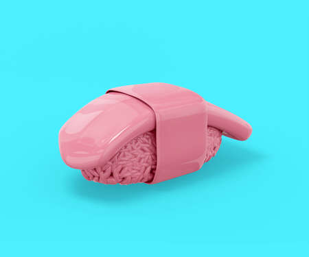 Pink nigiri sushi on a blue background. Minimalistic design object. 3d rendering icon ui ux interface element.の写真素材