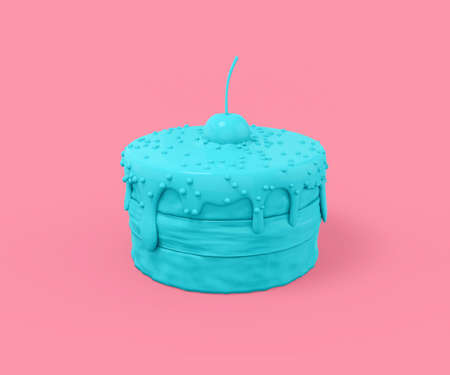 Blue little cake with a cherry on top on a pink background. Minimalistic design object. 3d renderingの写真素材