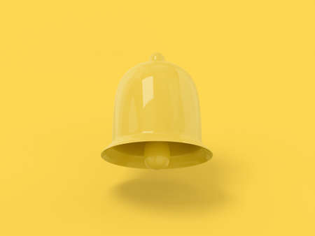 Yellow one color bell on a yellow flat background. Minimalistic design object. 3d rendering icon ui ux interface element.の写真素材