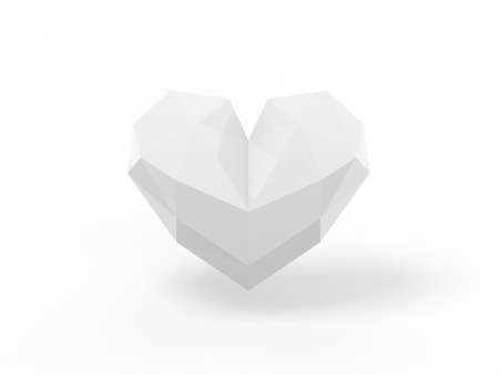 Low poly white single color heart on a white monochrome background. Minimalistic design object. 3d rendering icon ui ux interface element.の写真素材