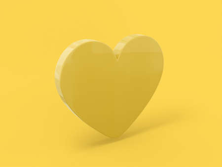 Flat yellow heart on a yellow background. Minimalistic design object. 3d rendering icon ui ux interface element.の写真素材