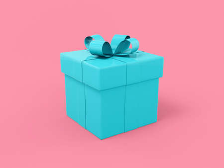 Blue single color gift box with ribbon and bow on a pink monochrome background. Minimalistic design object. 3d rendering icon ui ux interface element.の写真素材