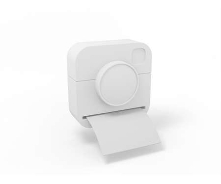 White camera with instant photos on a white background. Minimalistic design object. 3d rendering icon ui ux interface element.の写真素材