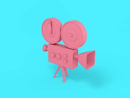 Pink mono color retro video camera on a blue solid background. Minimalistic design object. 3d rendering icon ui ux interface elementの写真素材