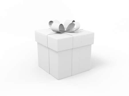 White one color gift box with ribbon and bow on a white flat background. Minimalistic design object. 3d rendering icon ui ux interface element.の写真素材