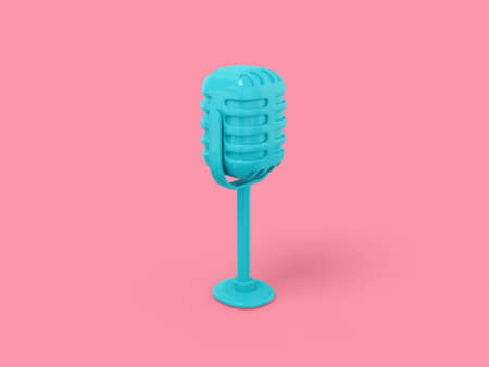 Blue one color vintage microphone on a pink flat background. Minimalistic design object. 3d rendering icon ui ux interface element.の写真素材