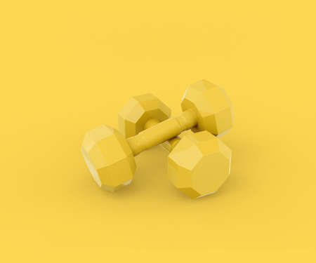 Yellow dumbbells on a yellow background. Minimalistic design object. 3d renderingの写真素材