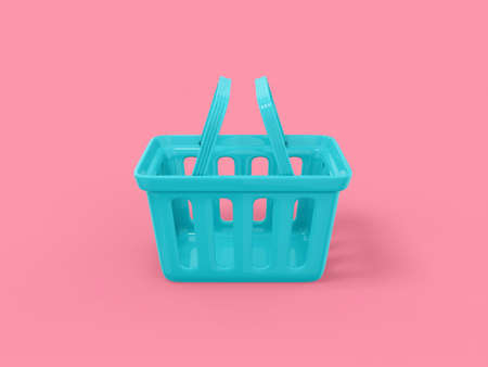 Blue mono color shopping hand cart on pink solid background. Minimalistic design object. 3d rendering icon ui ux interface element.の写真素材