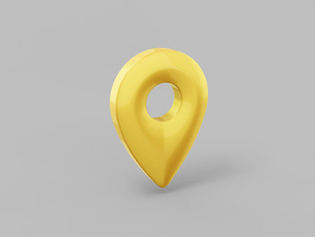 Gold one color pin on gray flat background. minimalistic design object. 3d rendering icon ui ux interface element.の写真素材
