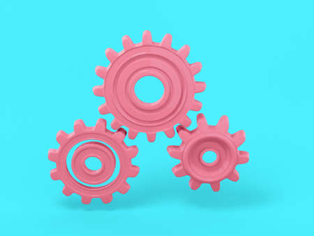 Pink mono color gears on a blue solid background. minimalistic design object. 3d rendering icon ui ux interface element.の写真素材